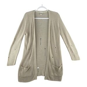 Daytrip Open Front‎ Distressed Cardigan Sweater Beige Womens Medium Boho Lagen